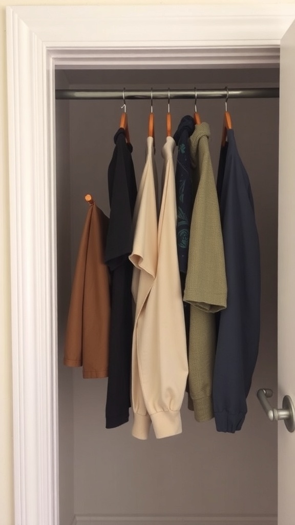 A closet with clothes hanging from a tension rod, showcasing an organized space.