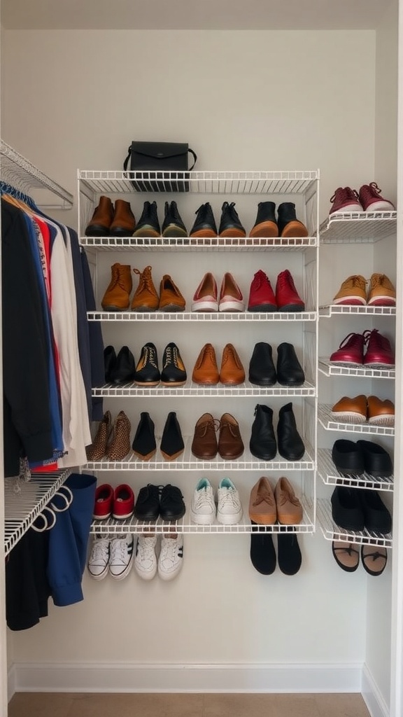 A well-organized closet with wall-mounted racks displaying various types of footwear.