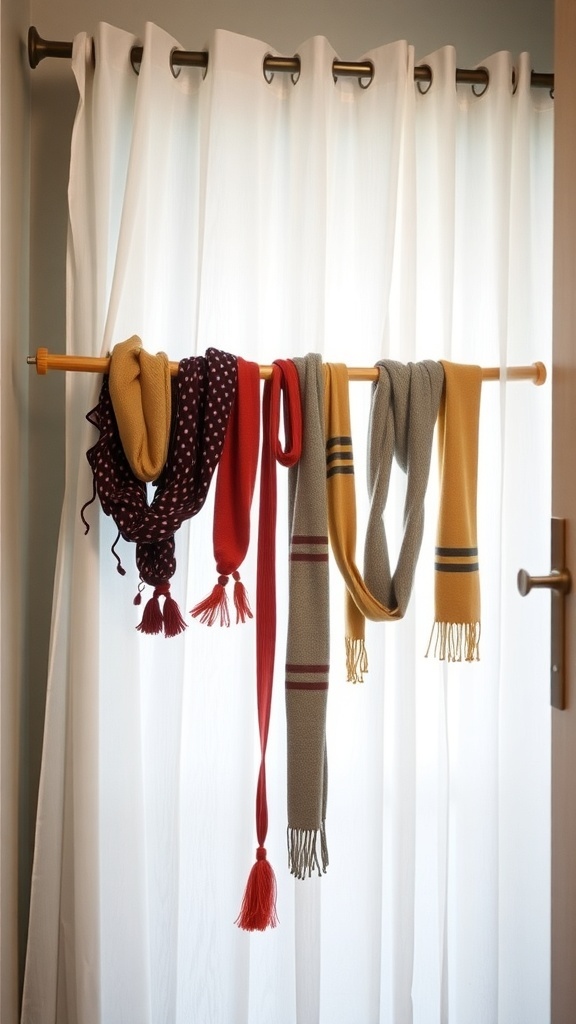 Colorful scarves hanging on a curtain rod against a light background