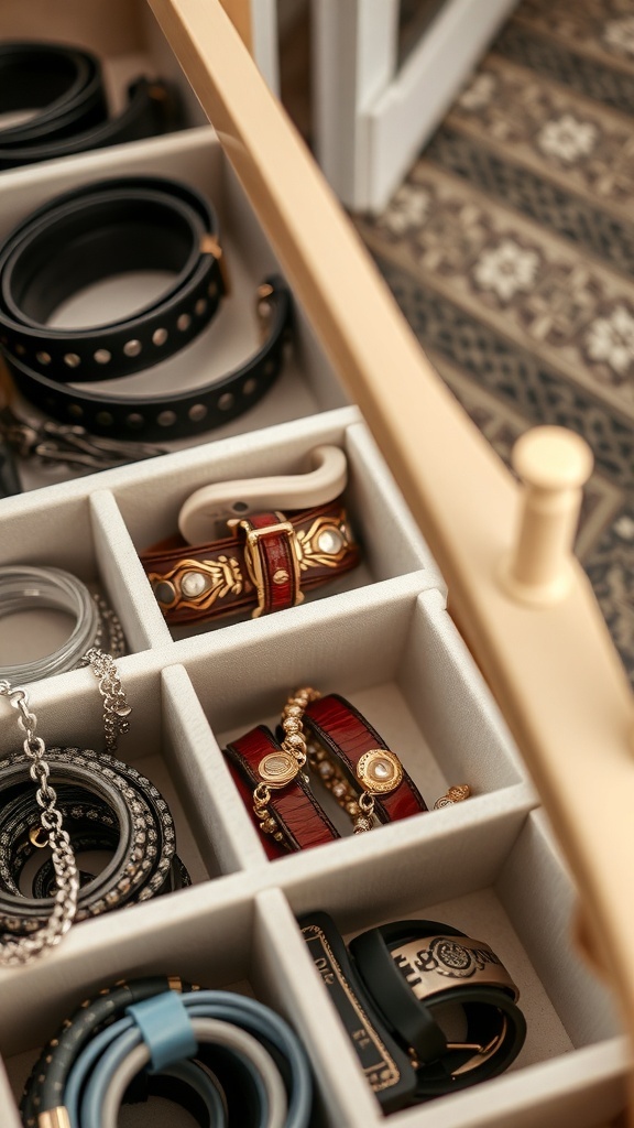 Organized drawer with dividers holding various accessories like bracelets and belts.
