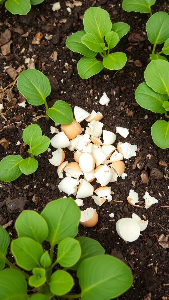 Crushed eggshells scattered on soil with green leaves around.