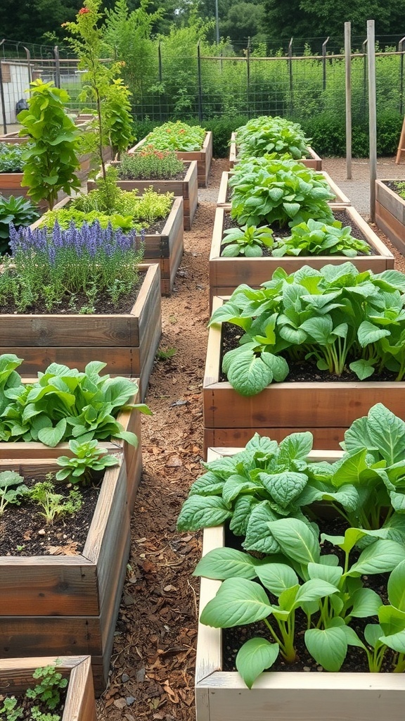 A garden with raised beds filled with various greens and herbs, showcasing organized planting for easy access and drainage.