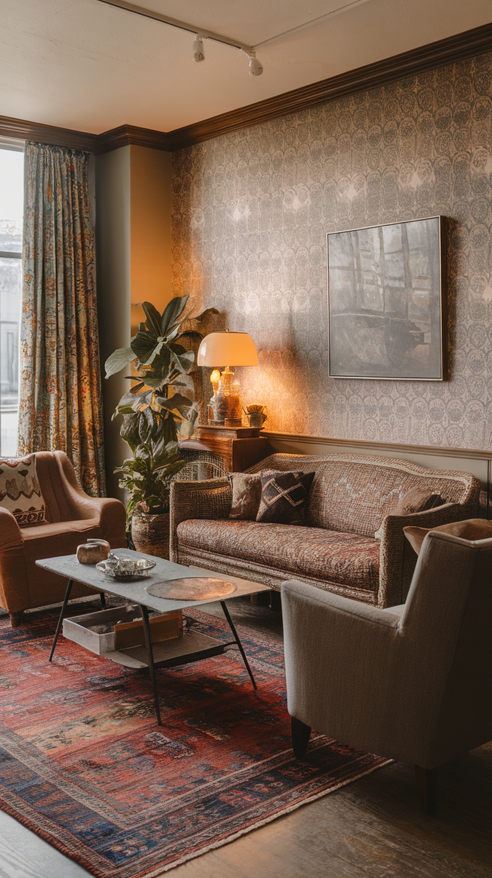 A cozy living room with a statement rug, featuring a sofa, armchairs, and a coffee table.