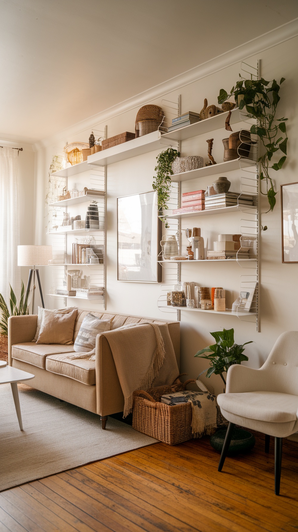 A cozy living room featuring a wall-mounted shelf system filled with books, decorative items, and plants, alongside a comfortable sofa.