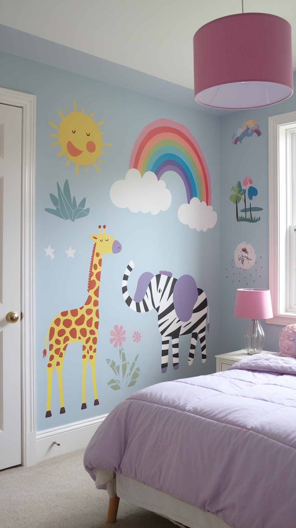 Colorful wall decals featuring a giraffe, elephant, rainbow, and sun in a child's bedroom.