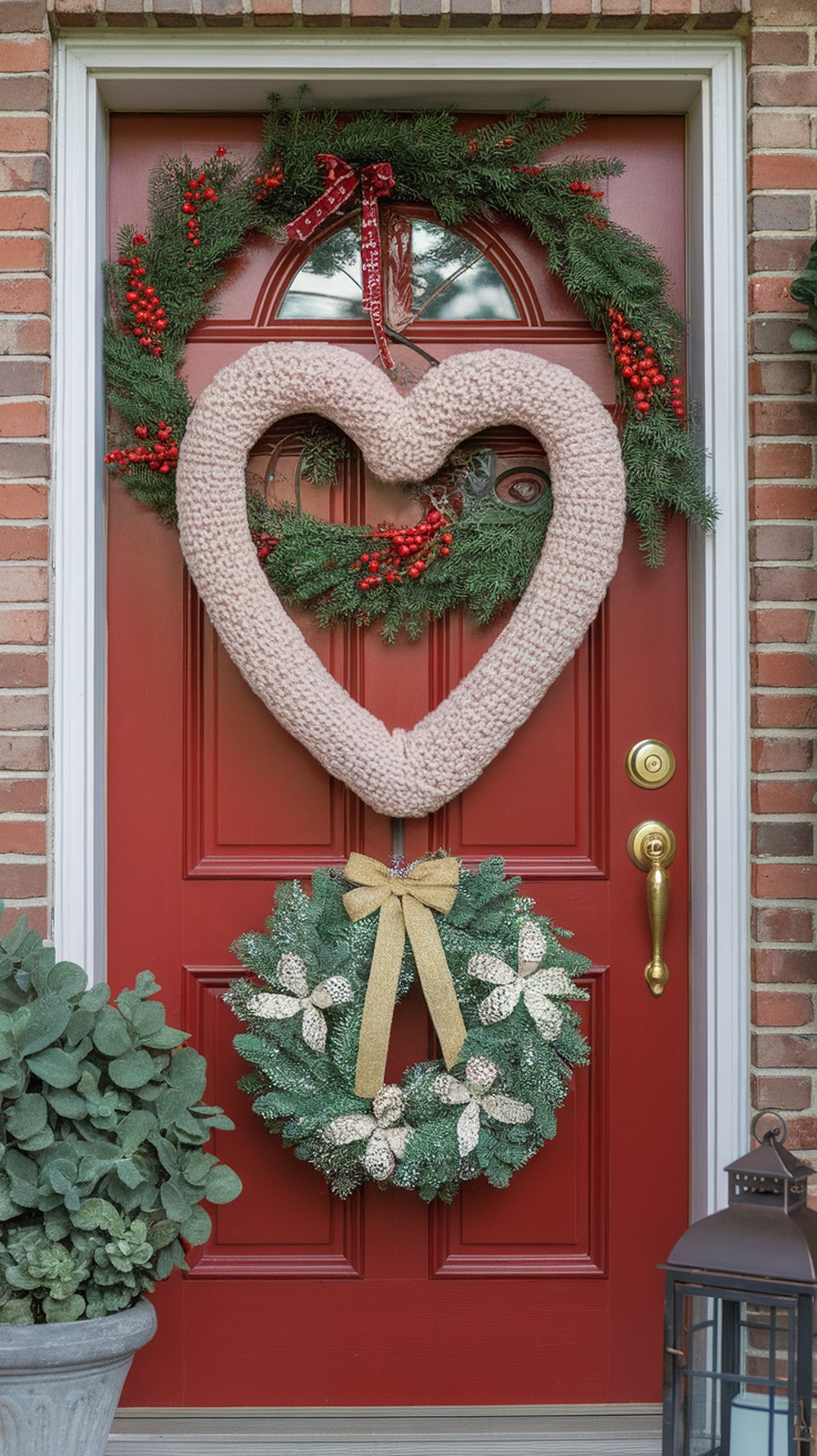 A heart-shaped crochet wreath on a red door, surrounded by a green wreath with red berries and a decorative bow.