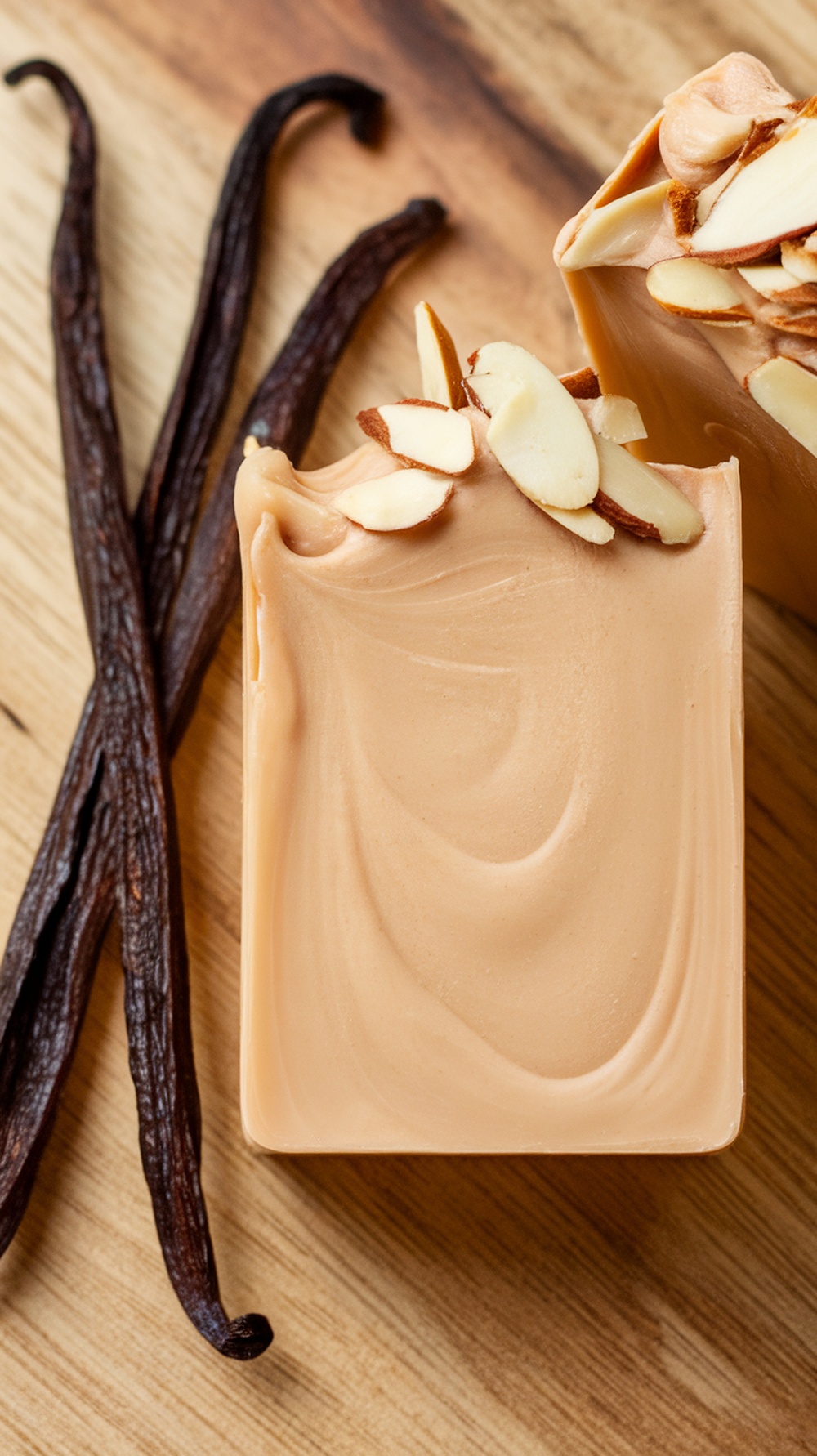 A creamy beige soap bar topped with almond slices, next to vanilla beans on a wooden surface.