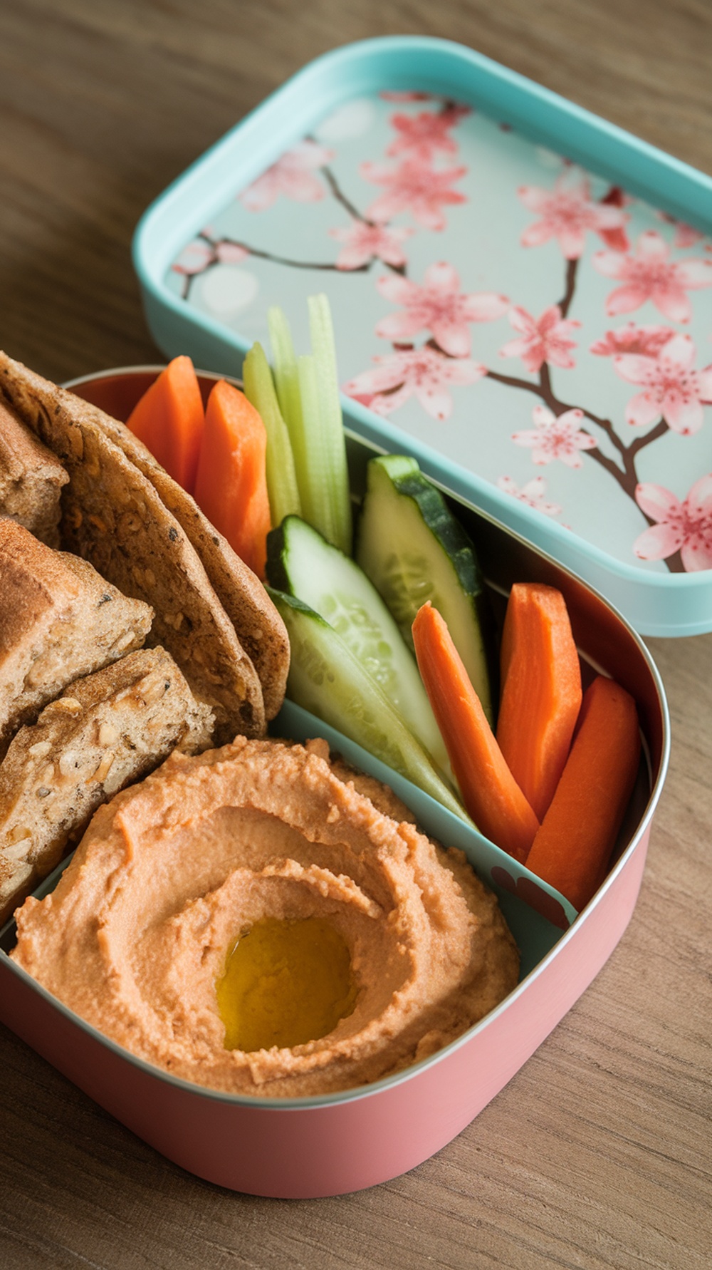 A bento box filled with hummus, sliced vegetables, and pita bread.