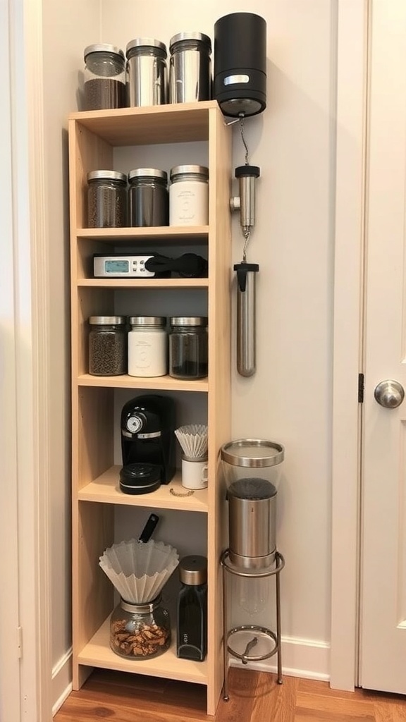 A vertical shelving unit displaying coffee supplies, jars, and cups in a small kitchen space.