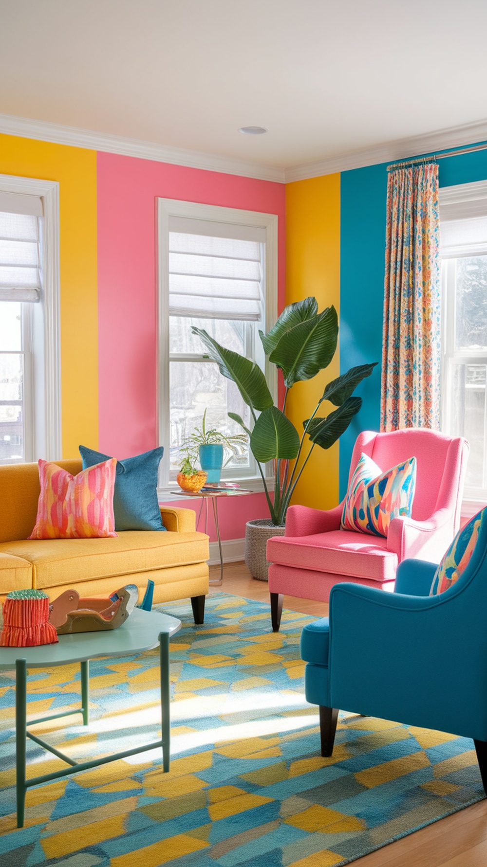 A colorful living room with pink, yellow, and blue walls, featuring bright furniture and a patterned rug.