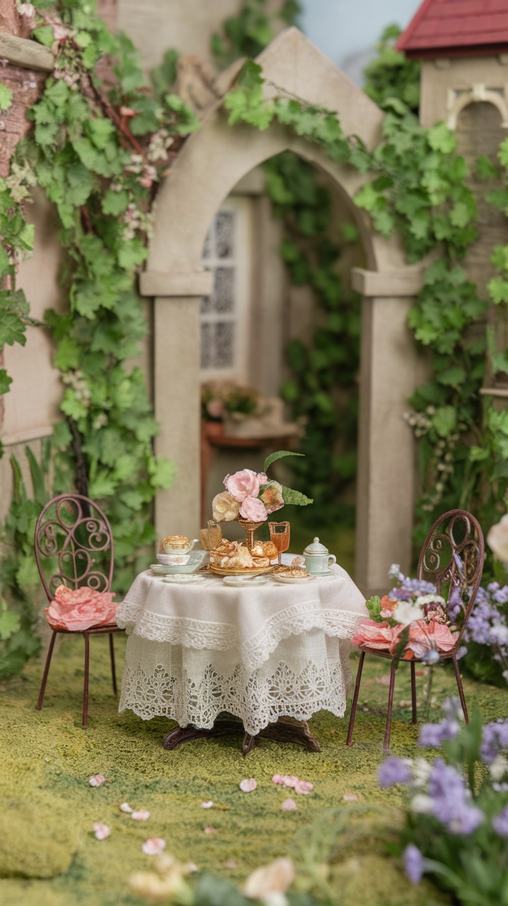 Miniature diorama of a Victorian tea party with a table set for tea, surrounded by lush greenery and flowers.