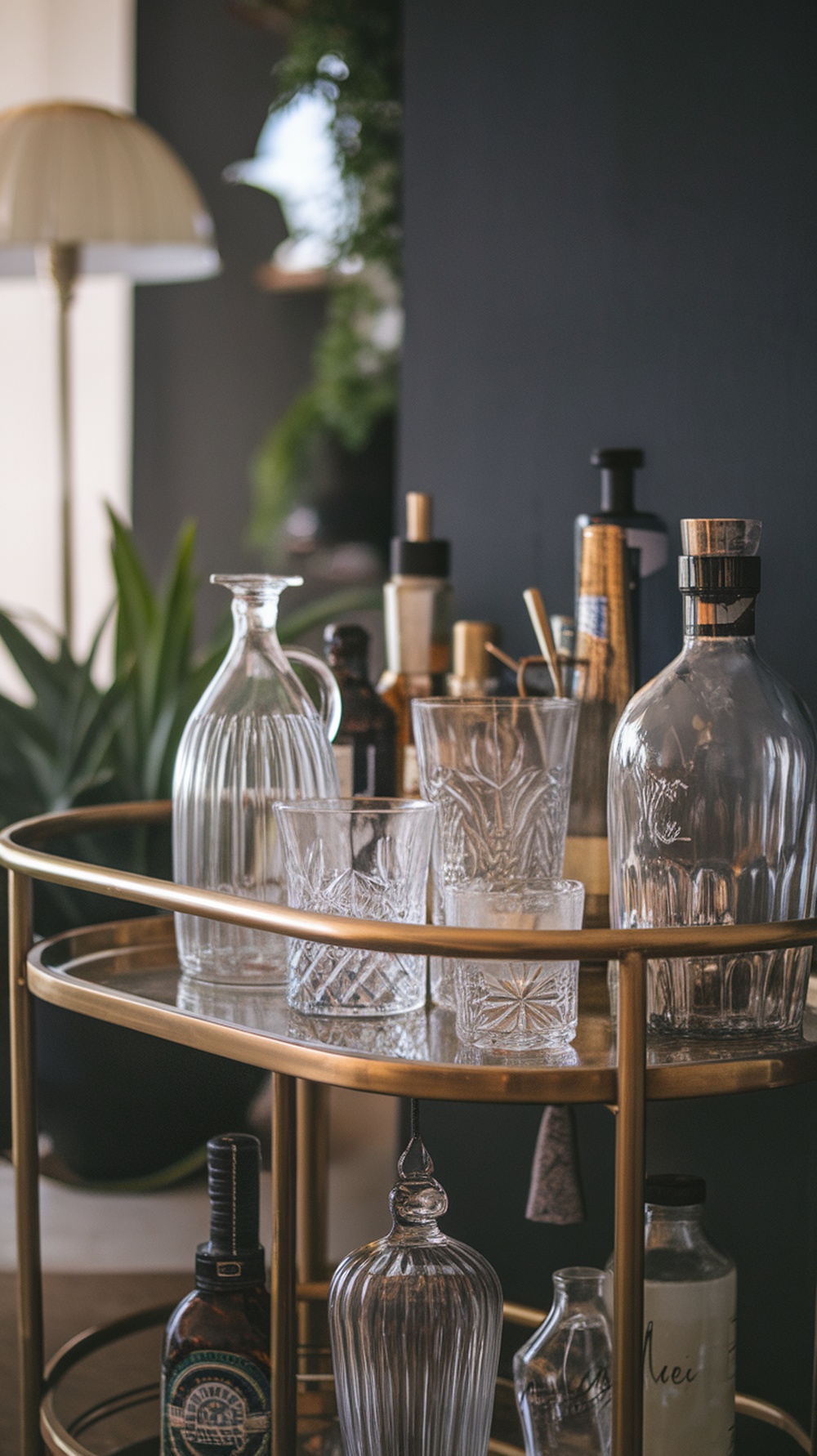 A vintage-inspired bar cart with crystal glasses and various bottles, showcasing an elegant design.