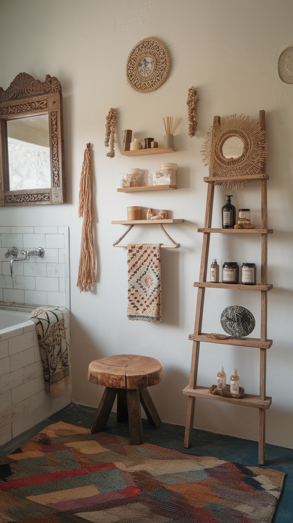 A boho bathroom featuring vintage and handmade decor, including a wooden stool, ladder, woven wall hangings, and decorative mirrors.