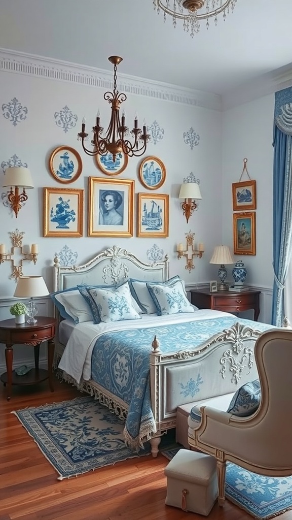 A vintage-style bedroom featuring blue and white porcelain accents, elegant bedding, and warm wooden floors.