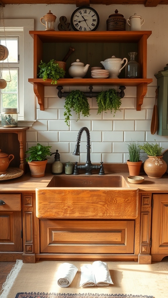 A vintage farmhouse sink with wooden cabinetry, open shelves, and potted plants in a cozy kitchen setting.