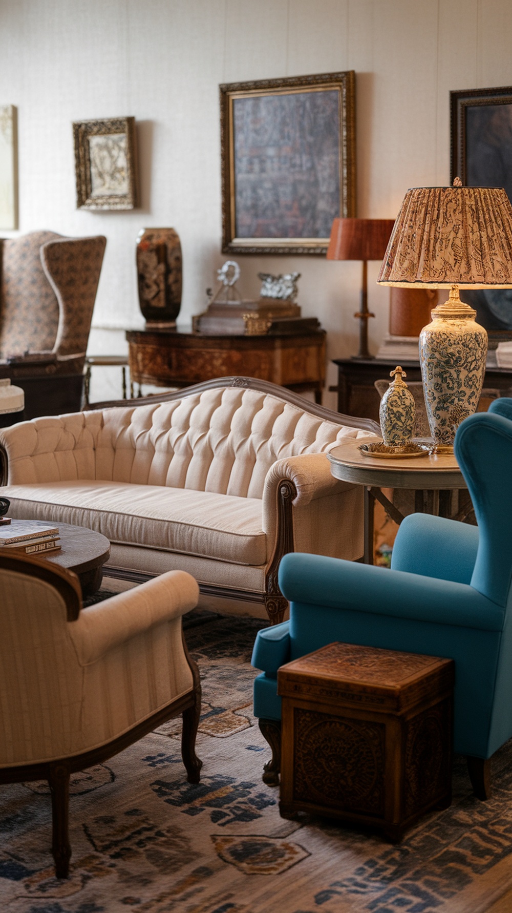 A cozy living room featuring vintage furniture, including a tufted sofa, a blue chair, and decorative items.