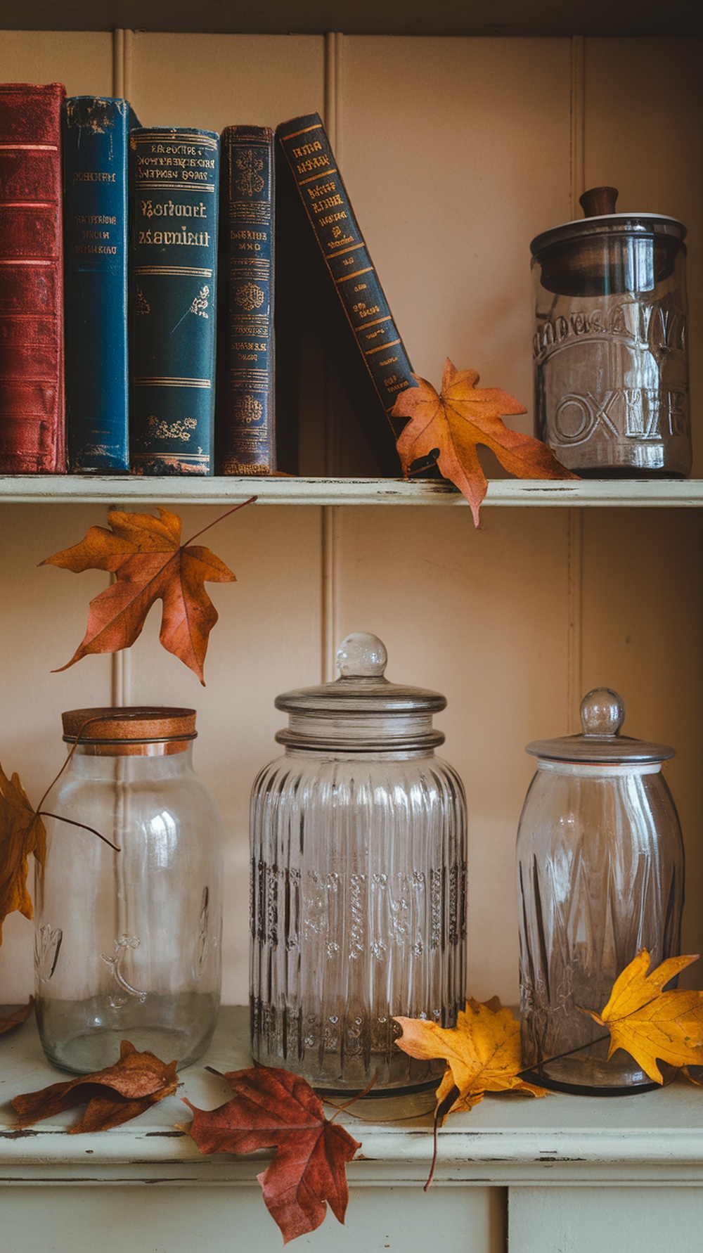 A cozy shelf featuring vintage books and glass jars, decorated with autumn leaves.
