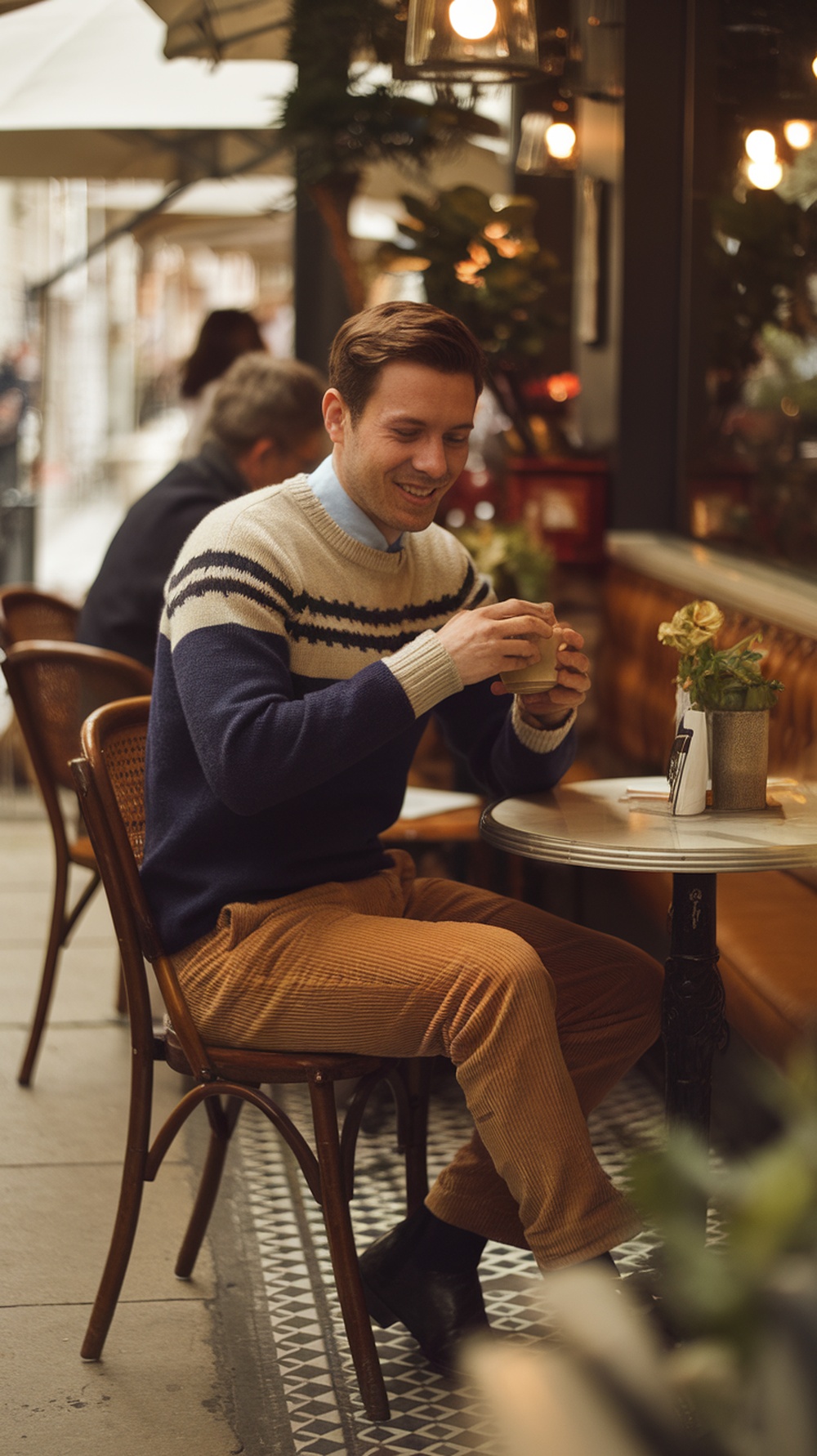 A man sitting at a café wearing a vintage sweater and corduroy pants, enjoying a drink.