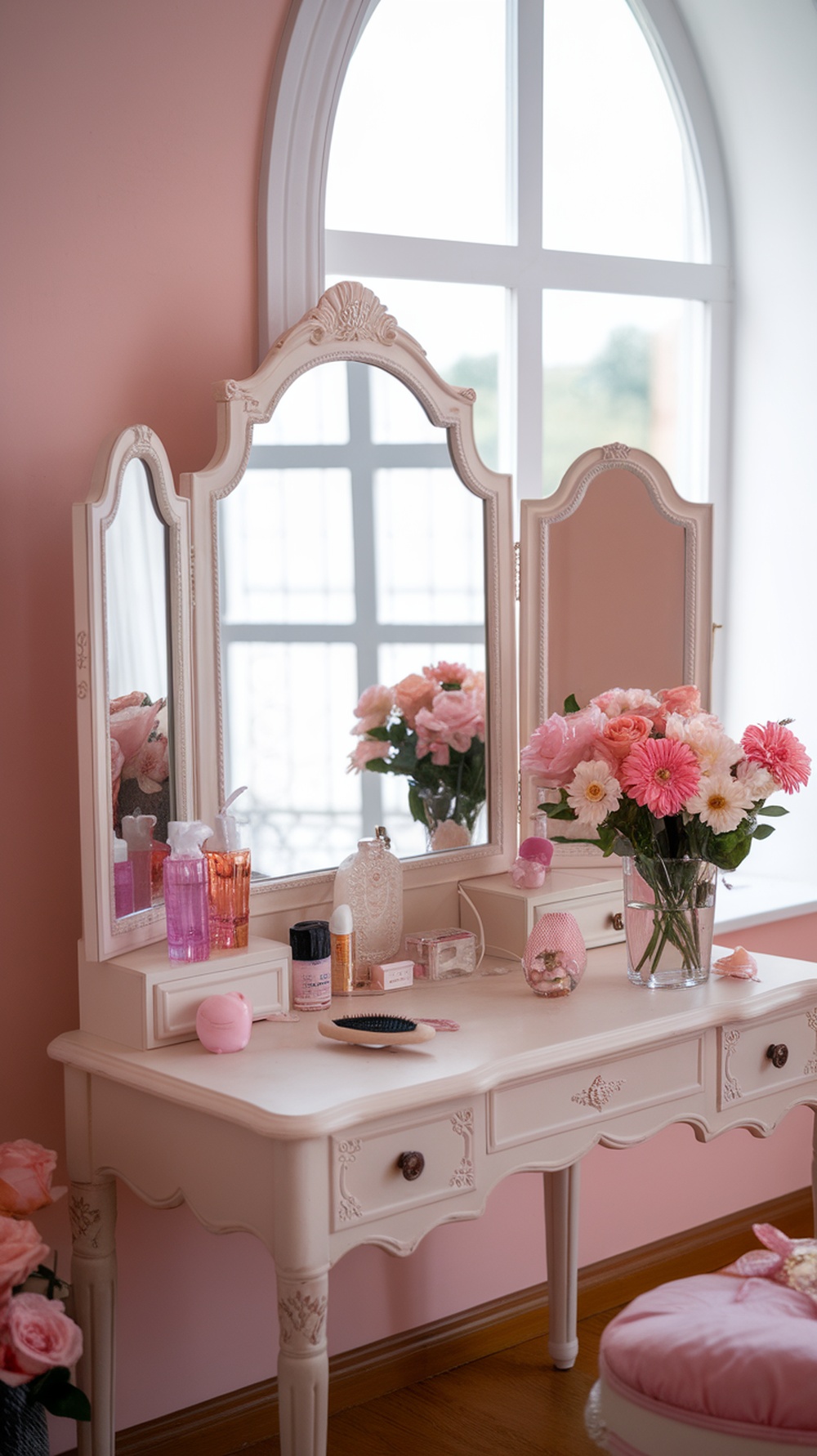 A vintage vanity with a mirror and flowers, set in a pink-themed bedroom