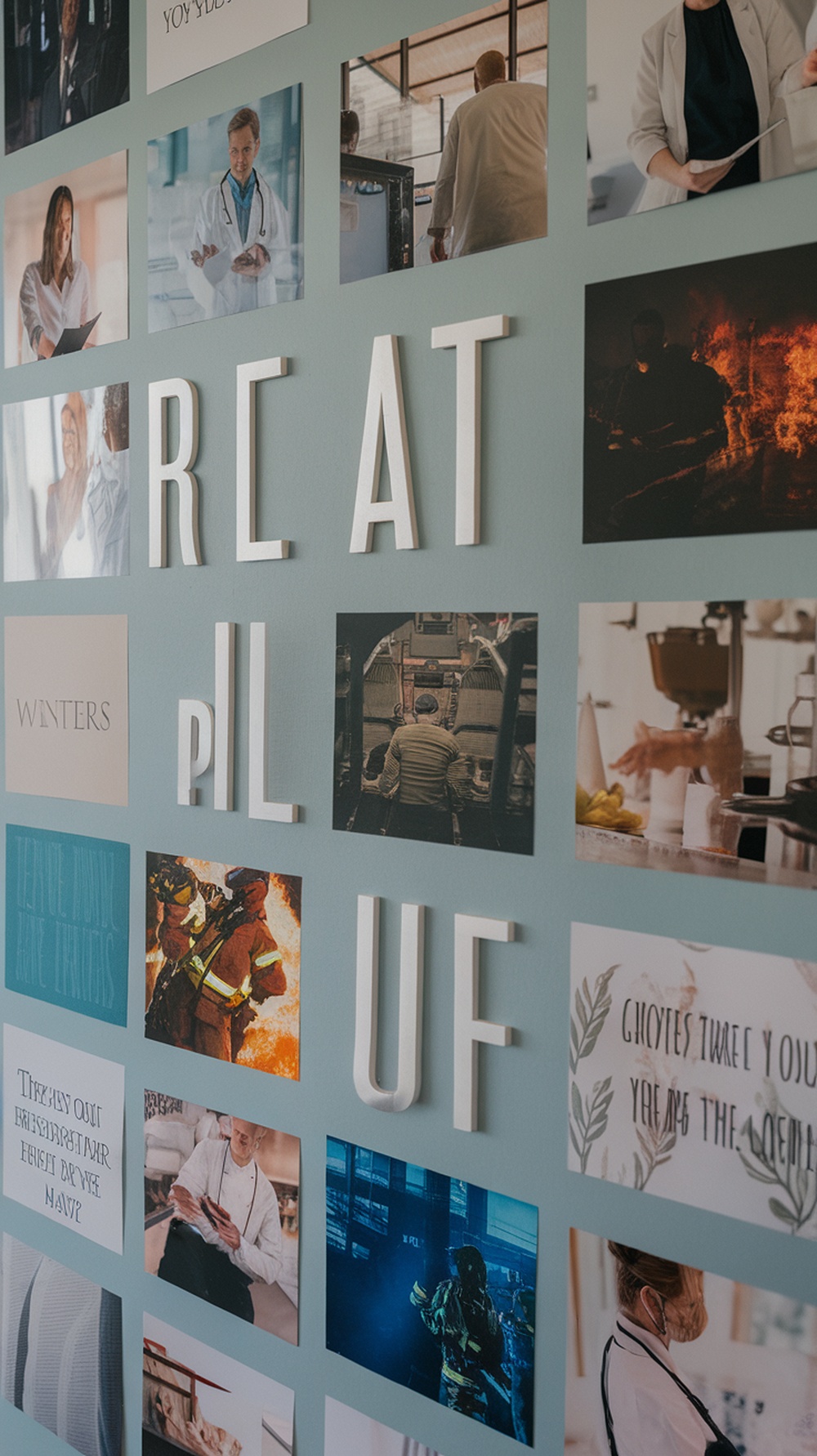 A vision board featuring images of various professions and the word 'CREATE' in large letters.