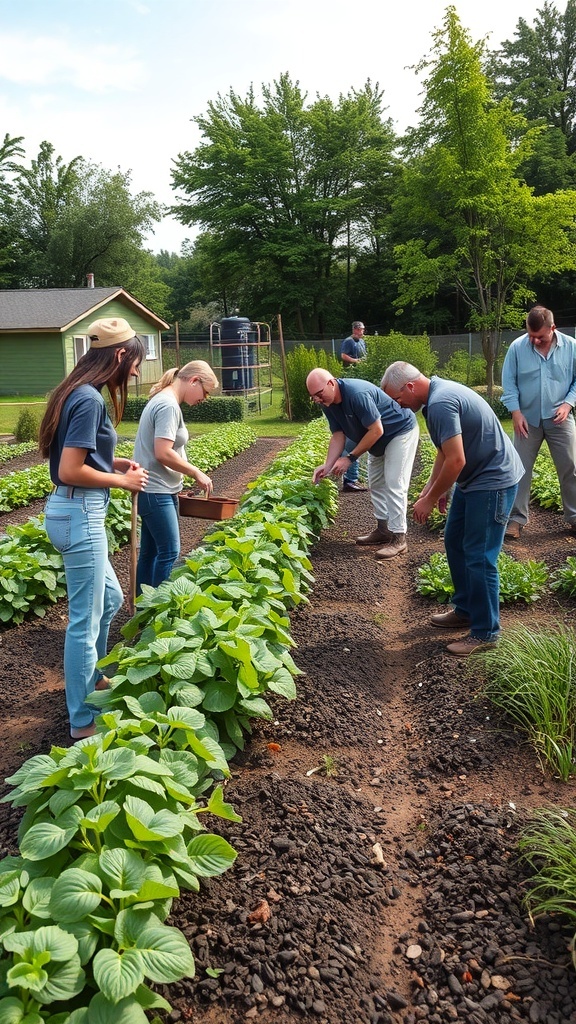 A group of people volunteering in a garden, working together to tend to plants.