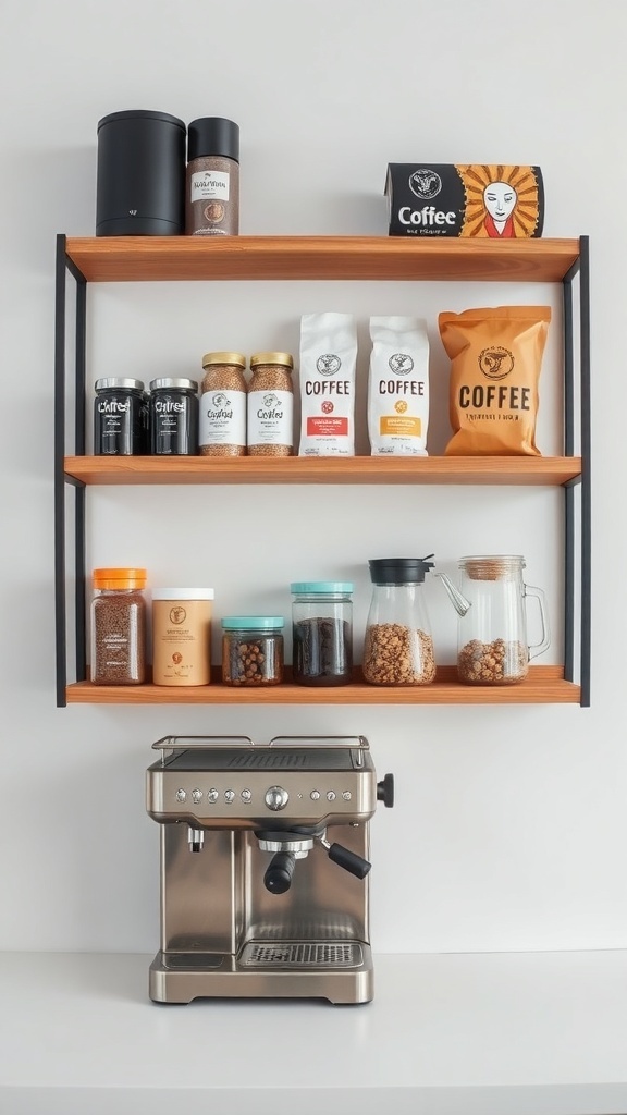 Wall-mounted coffee shelves with various coffee products and an espresso machine