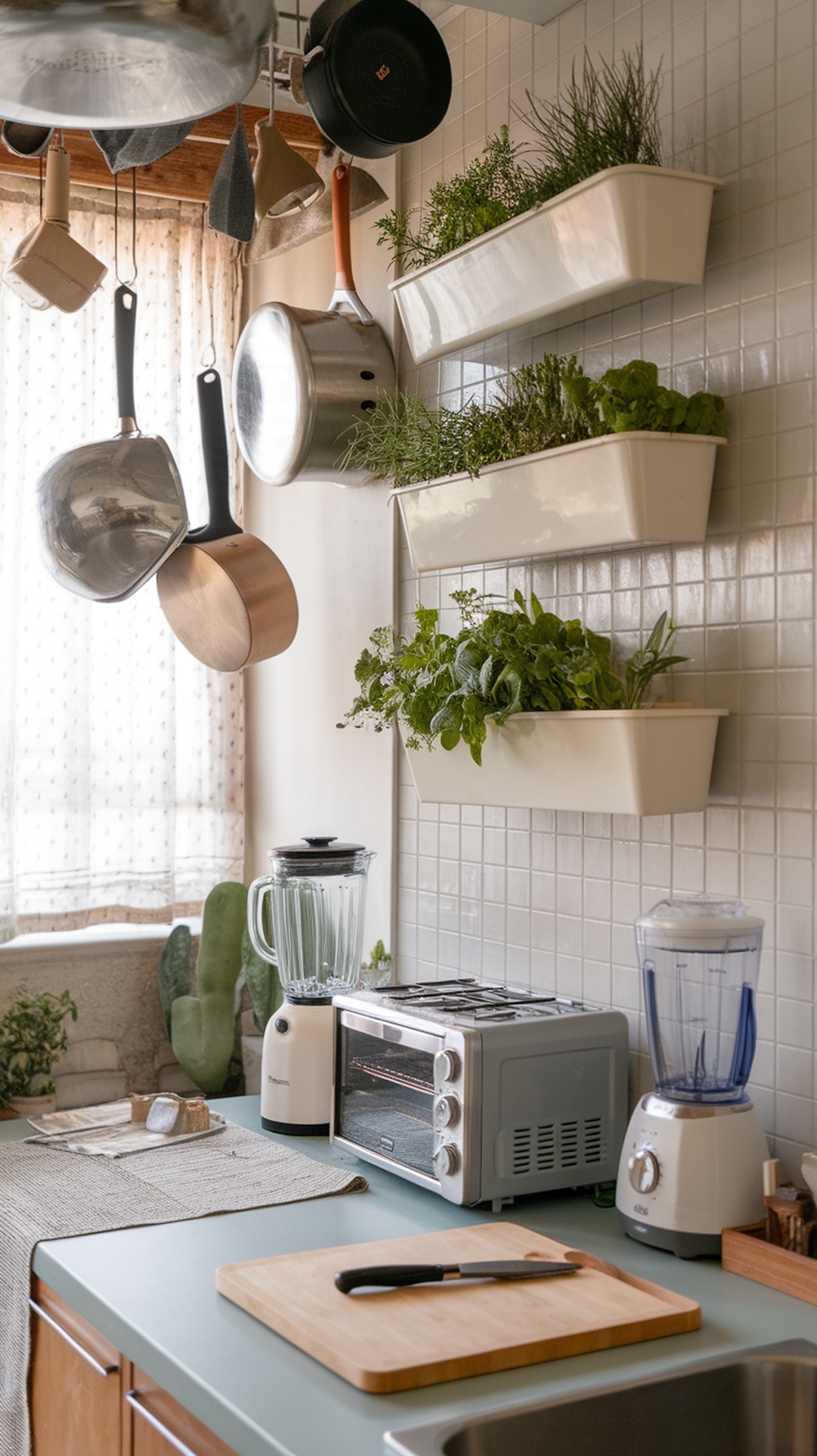 A cozy kitchen featuring wall-mounted planters filled with herbs, showcasing a fresh and inviting atmosphere.