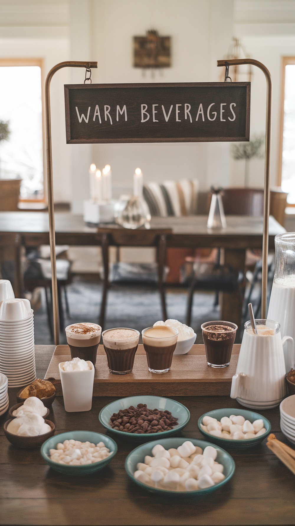 A warm beverages station with various drinks and toppings, inviting guests to customize their beverages.