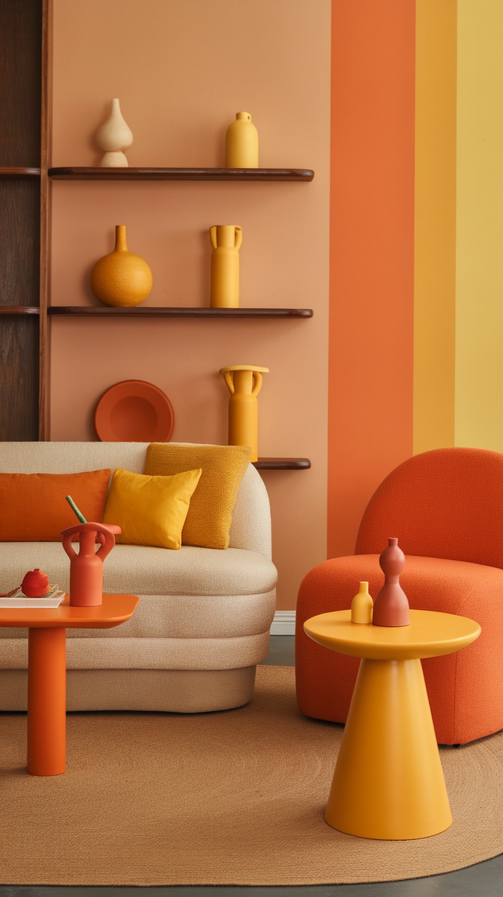 A cozy living room featuring warm color palettes with orange, yellow, and beige tones.