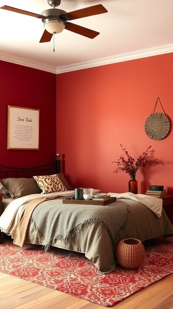 Cozy bedroom with warm terracotta walls, layered bedding, and decorative elements.