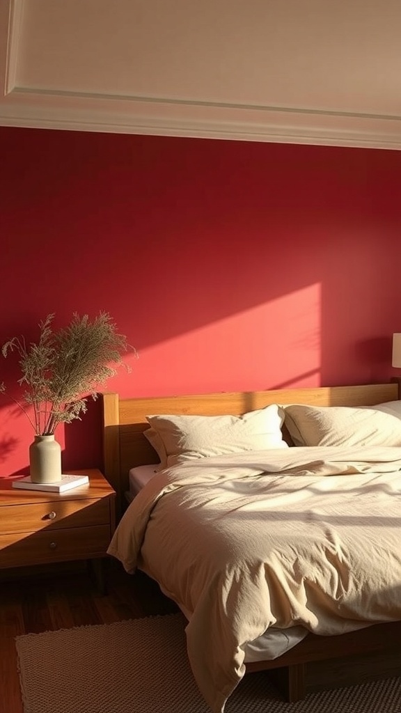 Cozy bedroom with a red wall and soft bedding, featuring natural light and a vase of dried flowers.
