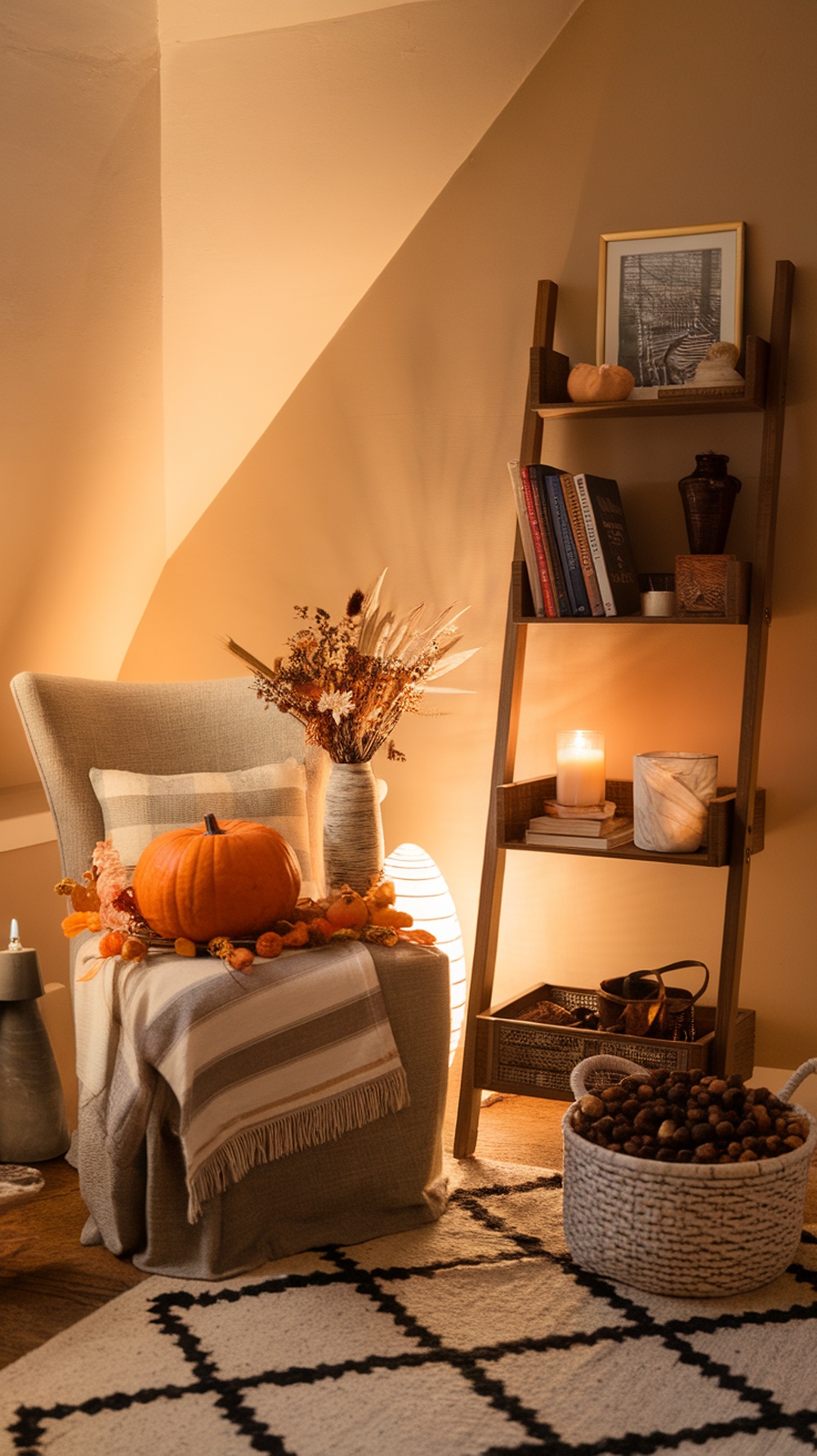 A cozy corner with warm lighting, featuring a chair, a pumpkin, and decorative elements.