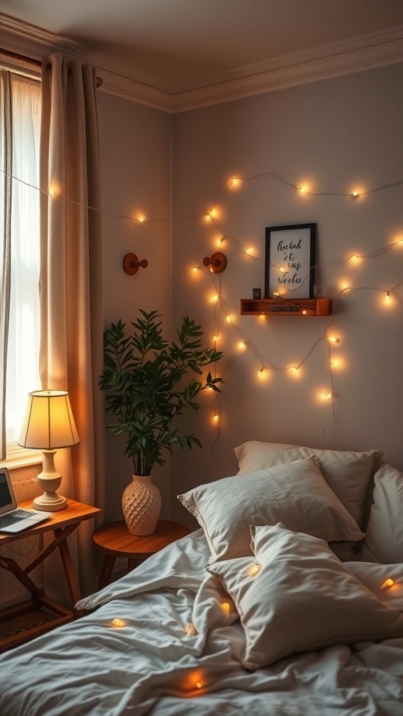 Cozy bedroom with warm lighting, string lights, and a bedside lamp