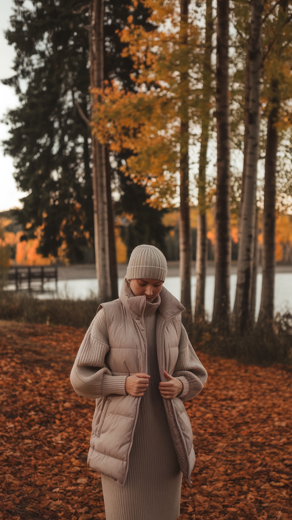 A person wearing a warm puffer vest over a knit dress, surrounded by autumn leaves and trees.