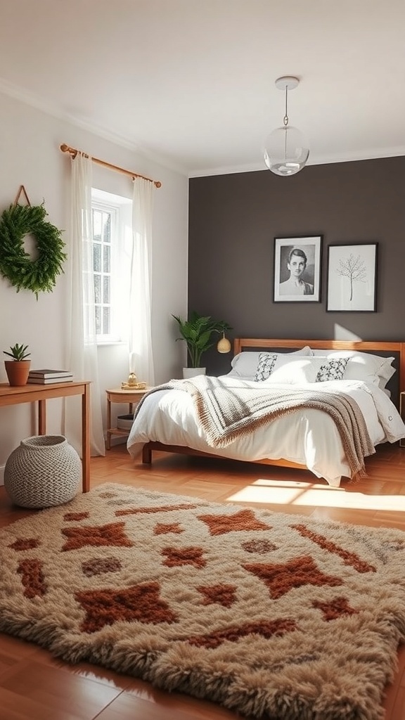 A cozy bedroom featuring a plush rug, wooden furniture, and warm decor.