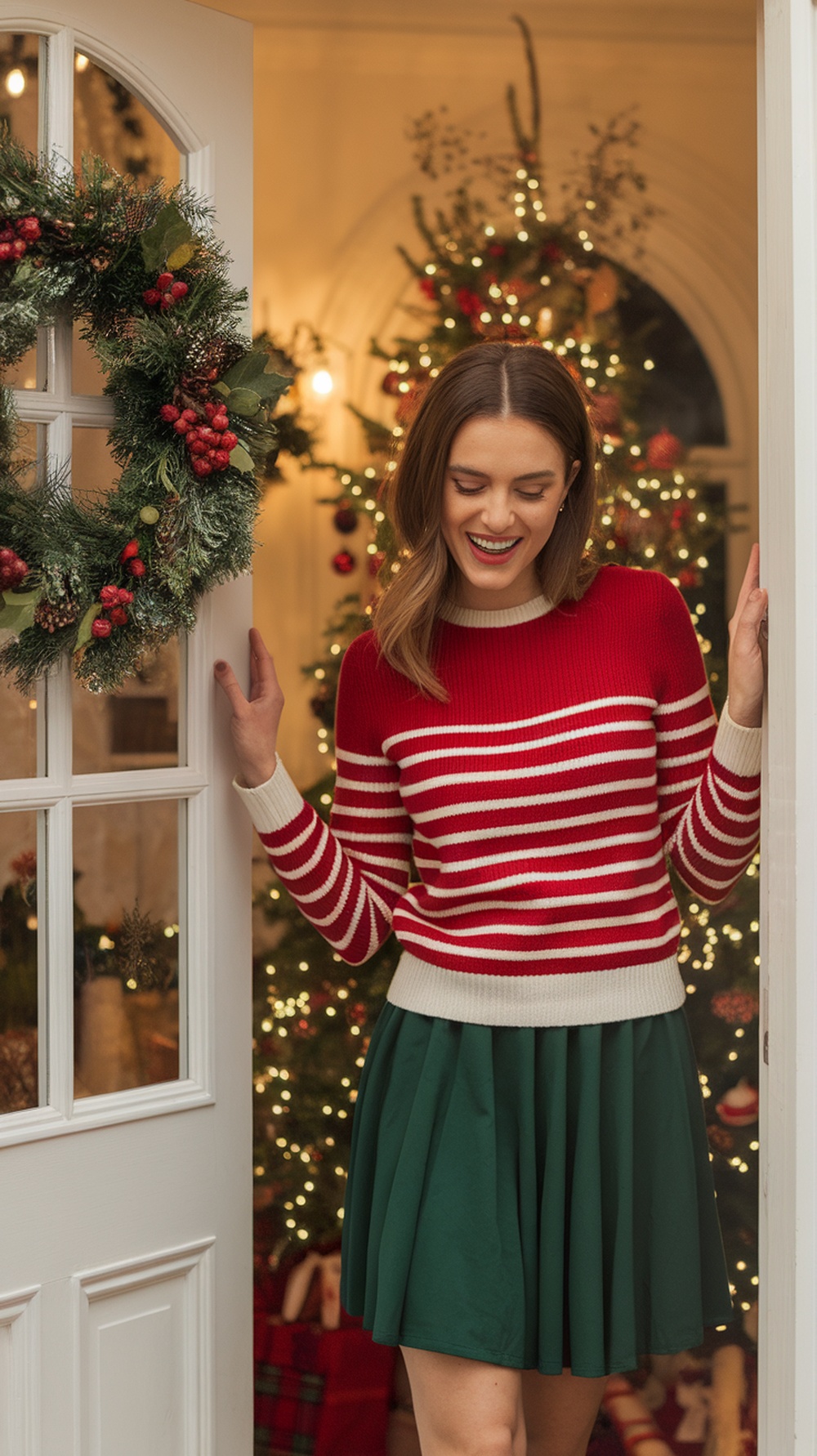 A woman in a red and white striped sweater stands at a door, smiling warmly, with a festive wreath and a decorated Christmas tree in the background.