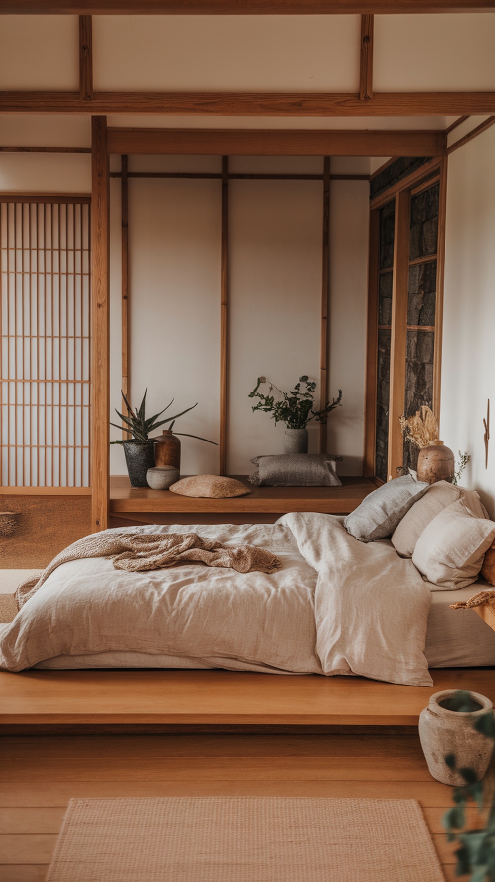 A cozy bedroom featuring warm wood elements, soft linens, and natural light.