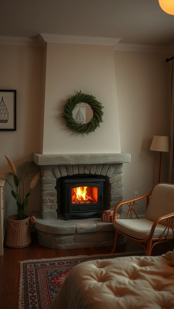Cozy bedroom with a fireplace, a wreath above it, and a comfortable chair.