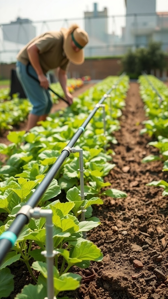 A garden with leafy greens and an irrigation system for watering.