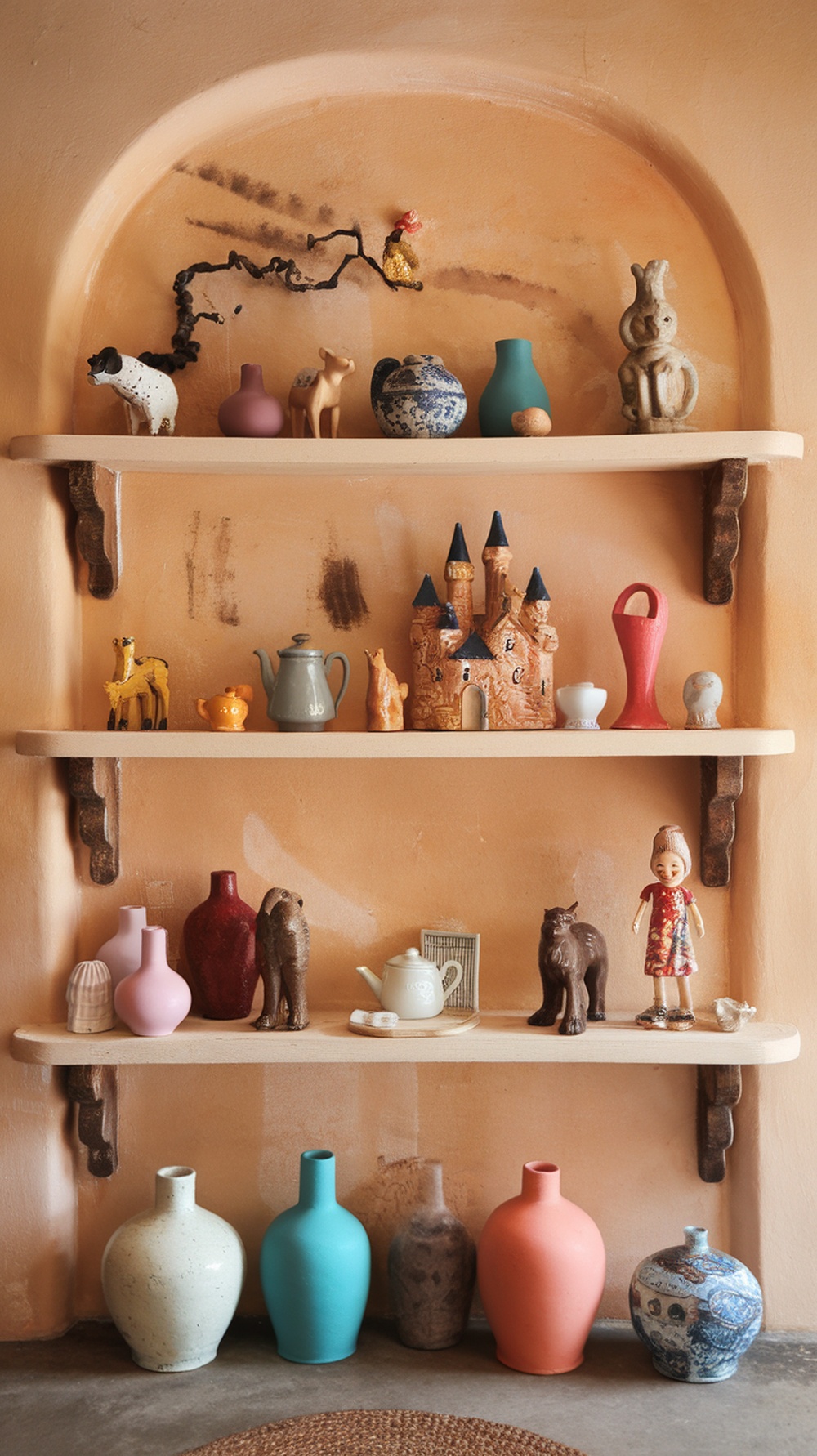 A collection of whimsical accessories on shelves, including colorful vases and playful figurines against a soft peach background.