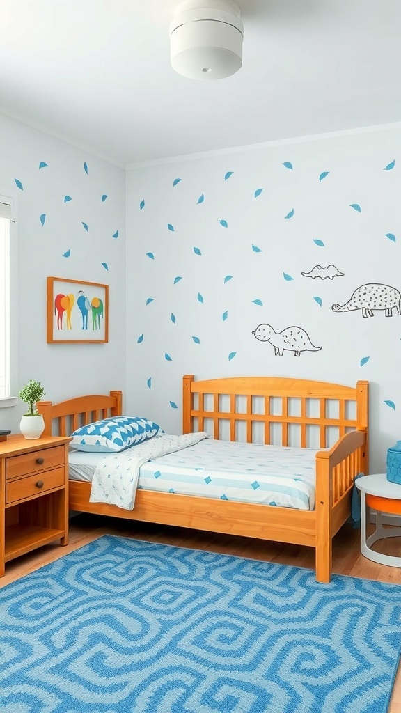 A whimsical blue and white bedroom featuring playful dinosaur illustrations on the walls, a geometric patterned bedspread, and a cozy blue rug.