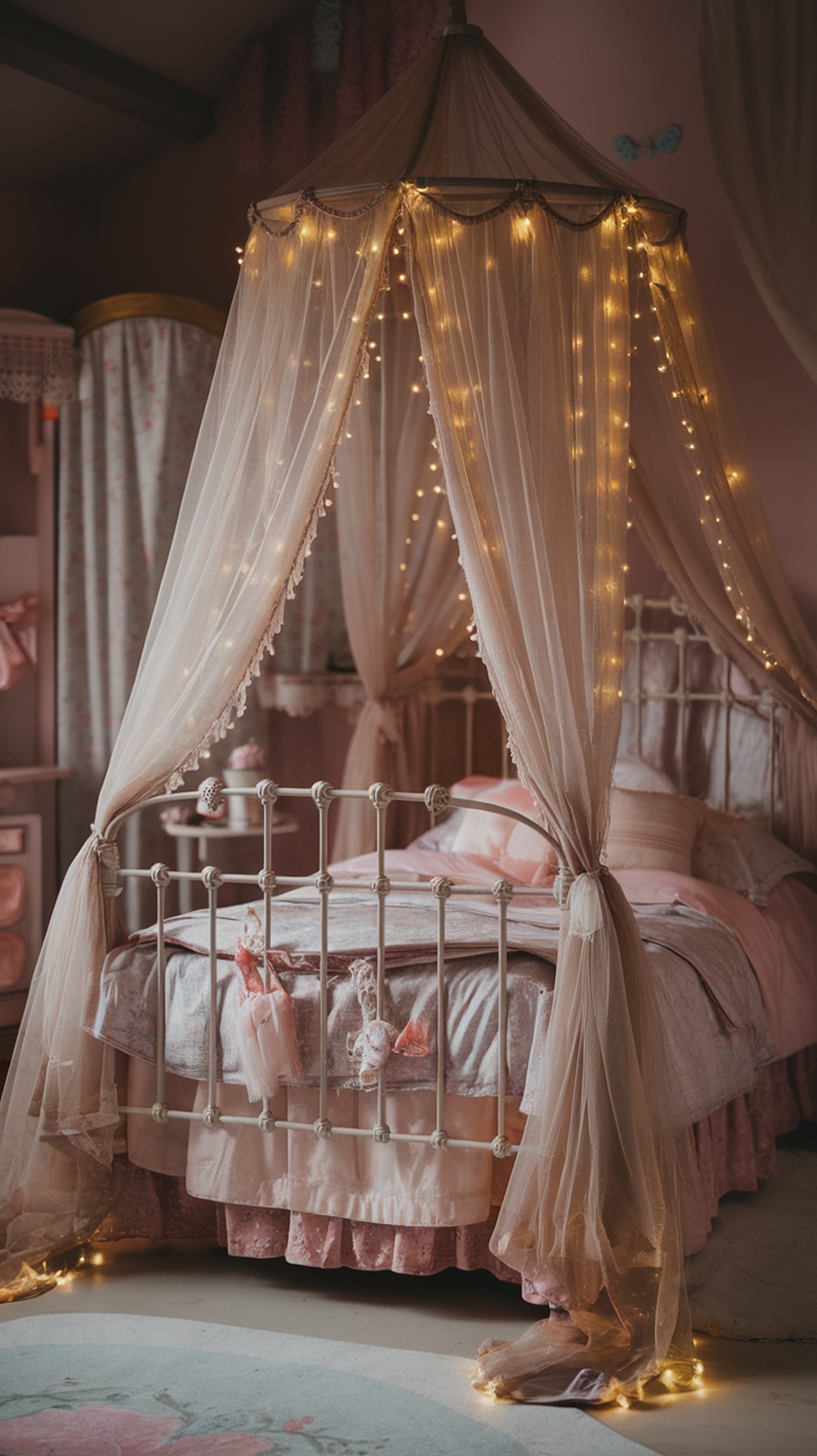 A whimsical canopy bed with soft fabrics and fairy lights in a vintage princess bedroom.