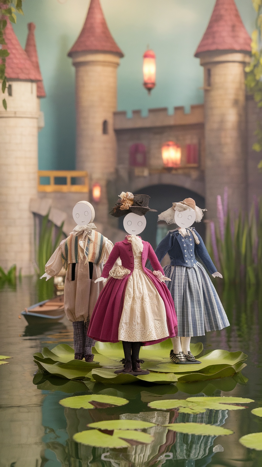 Three paper dolls on lily pads in front of a whimsical castle
