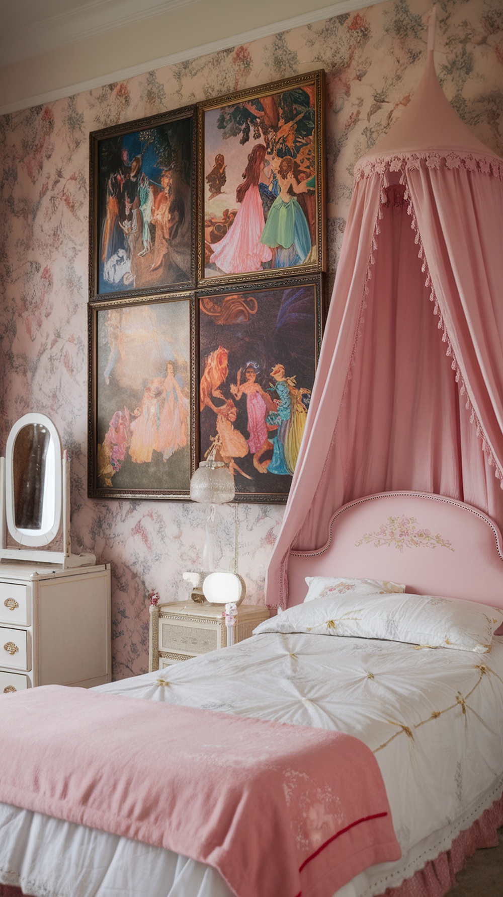 A vintage princess bedroom featuring whimsical wall art with fairytale scenes.