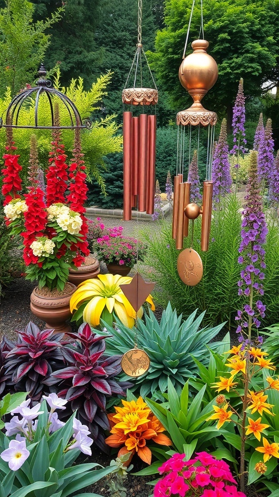 A garden featuring colorful flowers and large wind chimes hanging overhead.