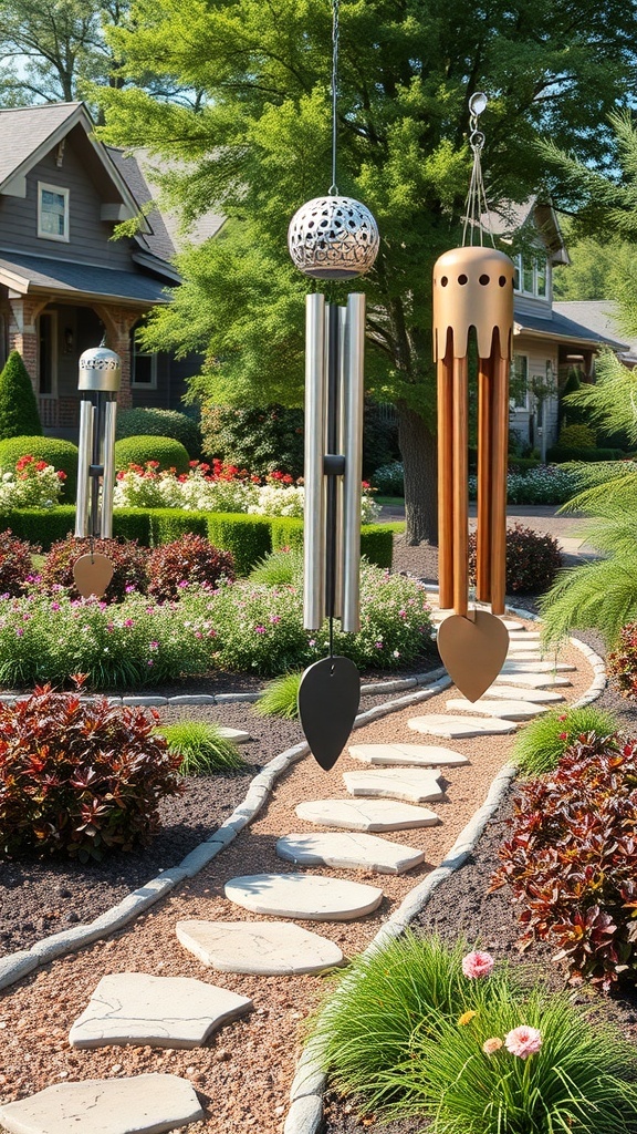 A garden featuring various wind chimes hanging among colorful plants and a stone pathway.