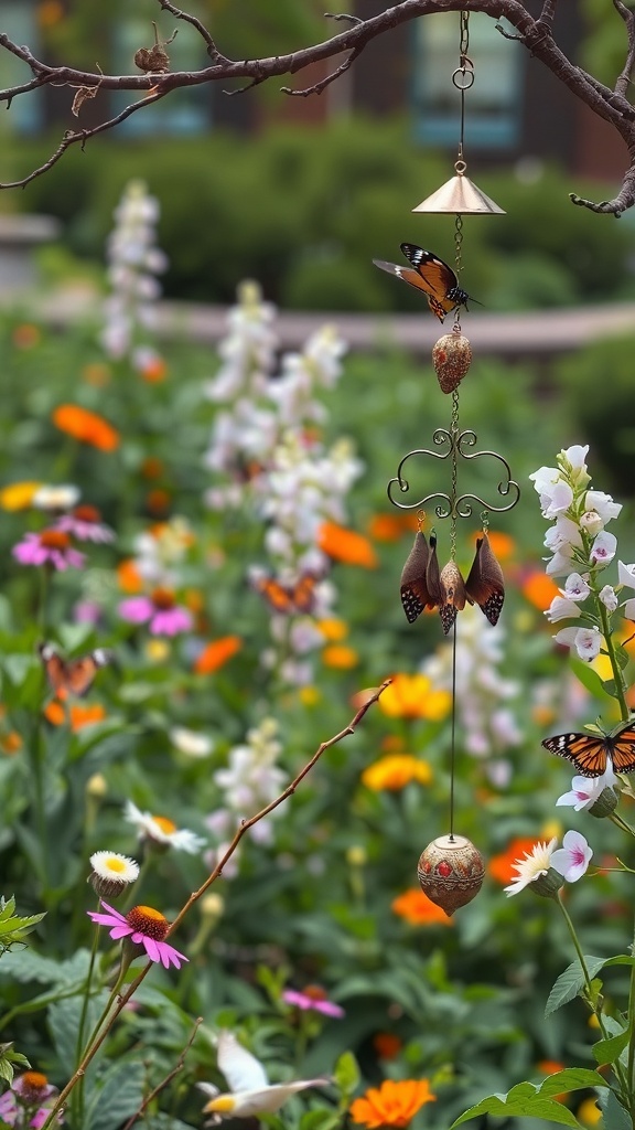 A wind chime hanging from a branch with colorful flowers and a butterfly in the background.