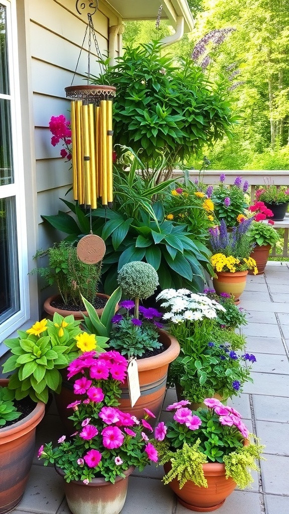 Colorful container garden with vibrant flowers and decorative wind chimes