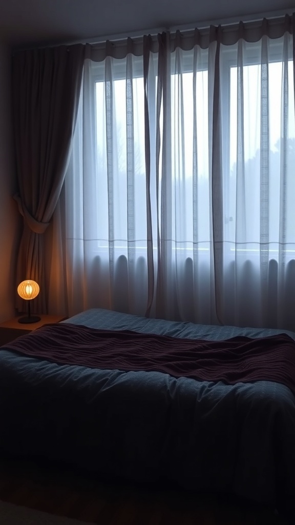 A cozy bedroom with sheer curtains and warm lighting, perfect for insulation during colder seasons.