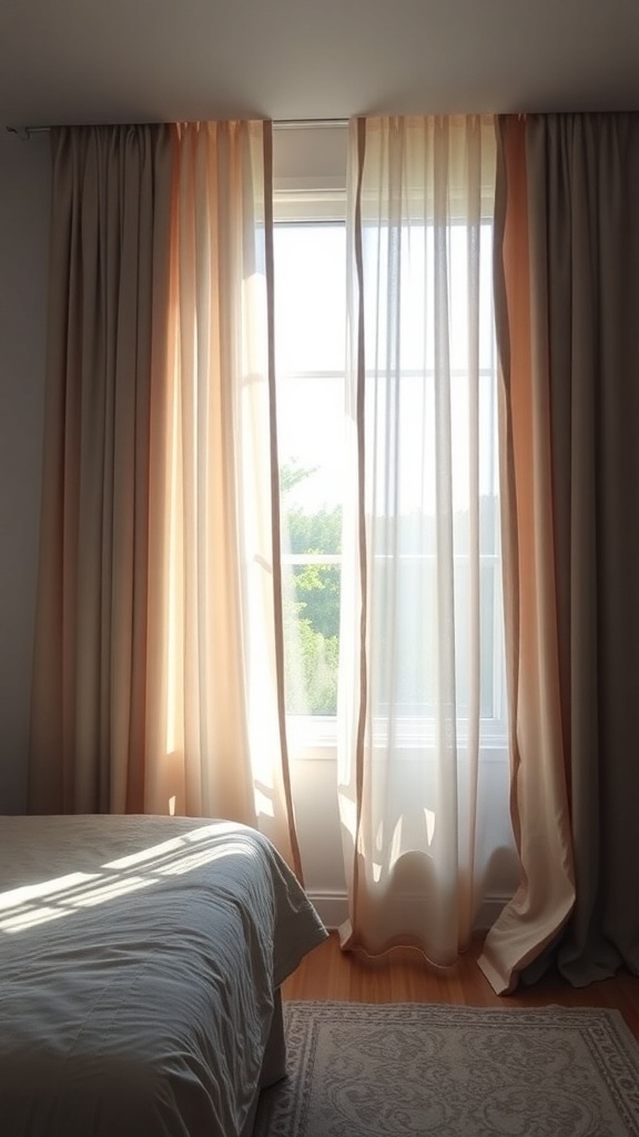 Soft, flowing curtains in peach tones framing a window in a cozy bedroom.